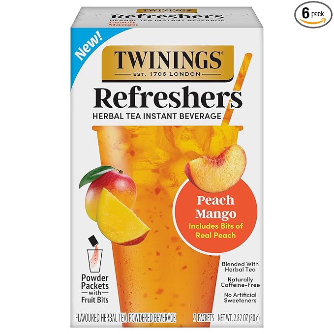 NEW Twinings Peach Mango Refreshers, Herbal Tea Instant Beverage with Real Peach Fruit Bits, 5 Count (Pack of 1), Café Style, No Artificial Sweeteners, Naturally Caffeine-Free Refreshment, 5 Packets - Bloomnest