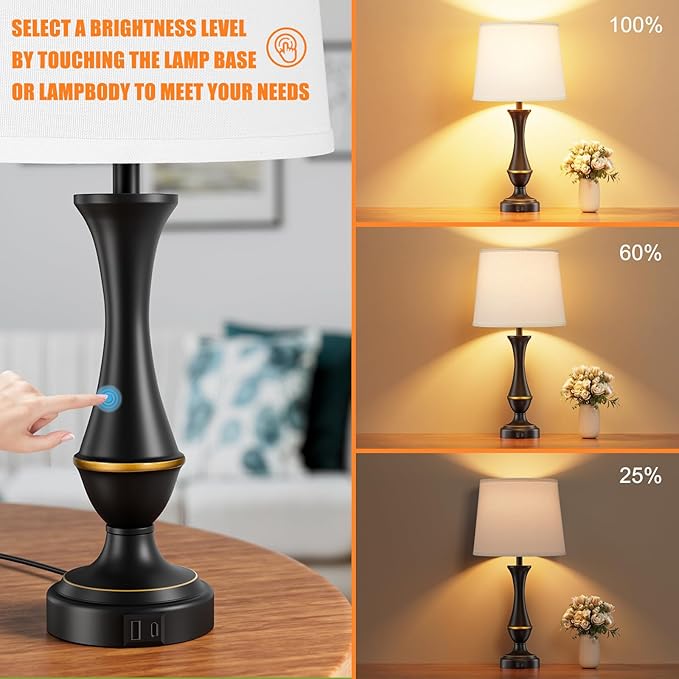 Seealle Upgraded Touch Lamps for Bedrooms Set of 2 - Nightstand Table Lamp with USB C+A, 3 Way Dimmable Lamps for Living Room, Office(White) - Bloomnest