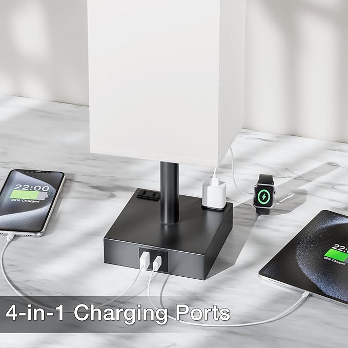 Touch Bedside Table Lamp for Nightstand - 3-Way Dimmable Night Lamp with USB A + Type C Charging Ports and Two AC Outlets, Small Desk Light with E26 LED Bulb for Bedroom Living Room,White Black - Bloomnest