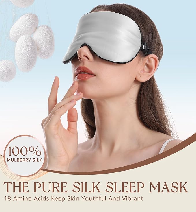 HiRui Silk Sleep Mask, 100% Natural Mulberry Silk of Double-Sided & Inner-Filling, Ultra-Smooth Soft, Adjustable Strap, Blocks Light for Night Sleeping, Travel, Office Naps (Gray) - Bloomnest