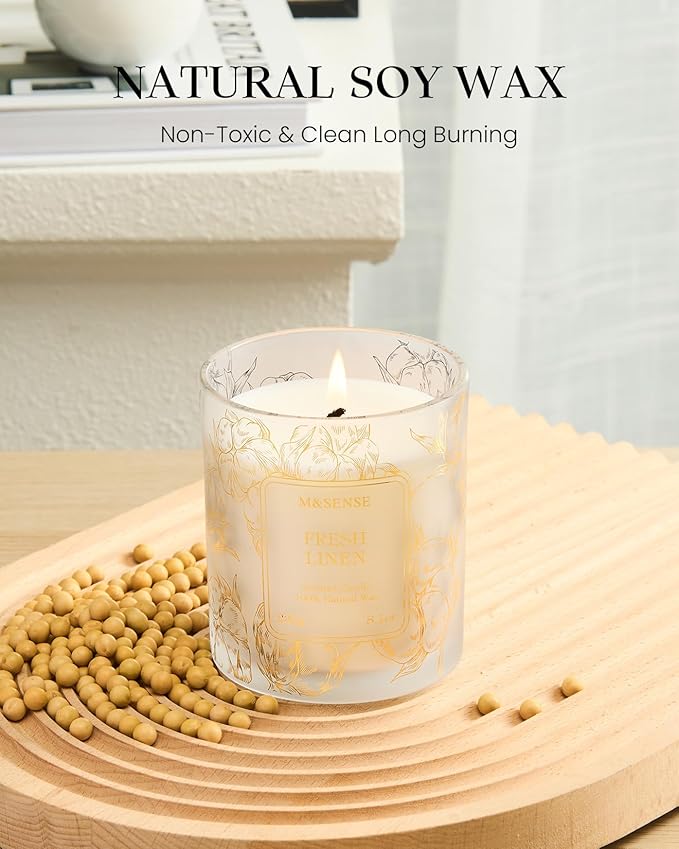 M&SENSE Fresh Linen Scented Vegan Soy Candles,Subtle Scented, No Toxin 8.1oz 42-Hour Long Burning Time,Calming Candles for Home Fragrance Office,Housewarming Gift for Women & Men - Bloomnest