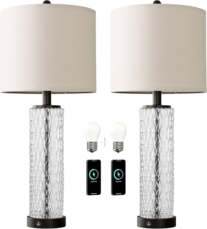 Oneach 27.75” Table Lamps Set of 2, Black Modern Bedside Lamp with LED Night Light, USB A+C, Glass Lamps for Living Room, Bedroom, Nightstand, Office, End Table (2 Bulbs Included) - Bloomnest