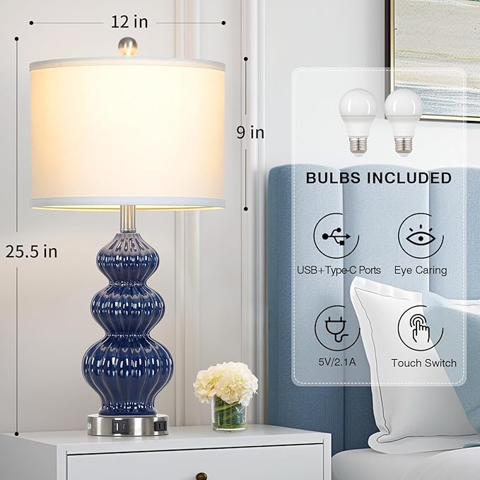 26" Blue Table Lamp Set of 2 with USB A+C Ports & AC Outlet, Ceramic Table Lamps Classic Beside Lamps Nightstand Lamp Modern Table Lamp for Living Room,LED Bulbs Included - Bloomnest