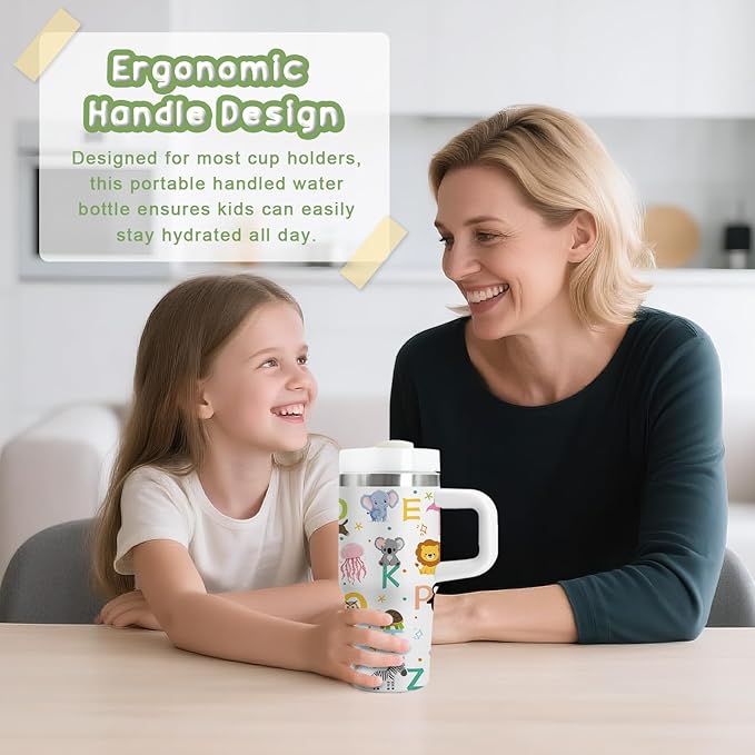 14 oz Kids Animal Alphabet Tumbler with with Handle Straw Lid, Stainless Steel Insulated Water Tumbler, Abc Letters Stuff, for Sports, School, Travel - Back to School Children Birthday Gifts Cups(1pc) - Bloomnest