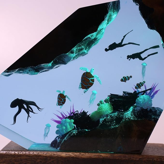 Handmade 3D Ocean Resin Lamp, Epoxy Ocean Night Light with Wooden Base, LED Color Changing Table Lamp, USB Powered Dragons Decor, Unique Ocean Gift for Bedroom & Home Office (Octopus) - Bloomnest