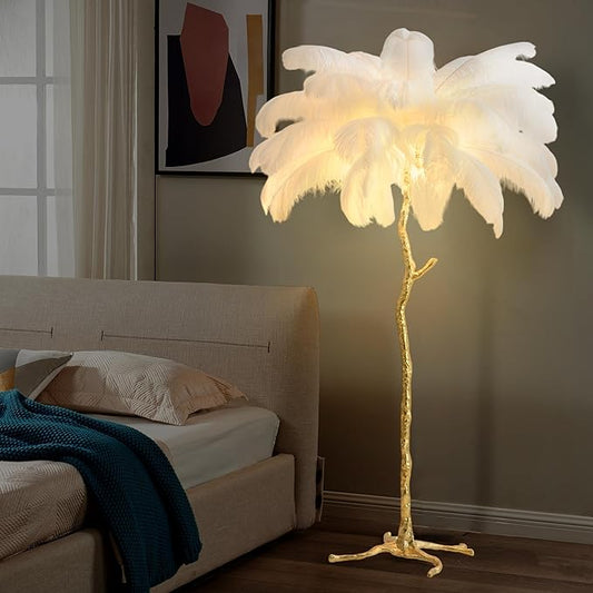 MAYOLA Luxury Resin Ostrich Feather Lamp, 35 Pieces Real Ostrich Feathers,Floor Lamp,for Living Room, Bedroom and Office 67” Tall Feather Lamp(White, Floor Lamp) - Bloomnest