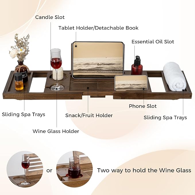 Teak Bathtub Tray - Luxury Bath Tray with Expandable Handles, Wine Glass and Phone Holders, Book Stand - Perfect for Home Spa Relaxation and Reading - Natural Bath Accessories - Dark Walnut Color - Bloomnest