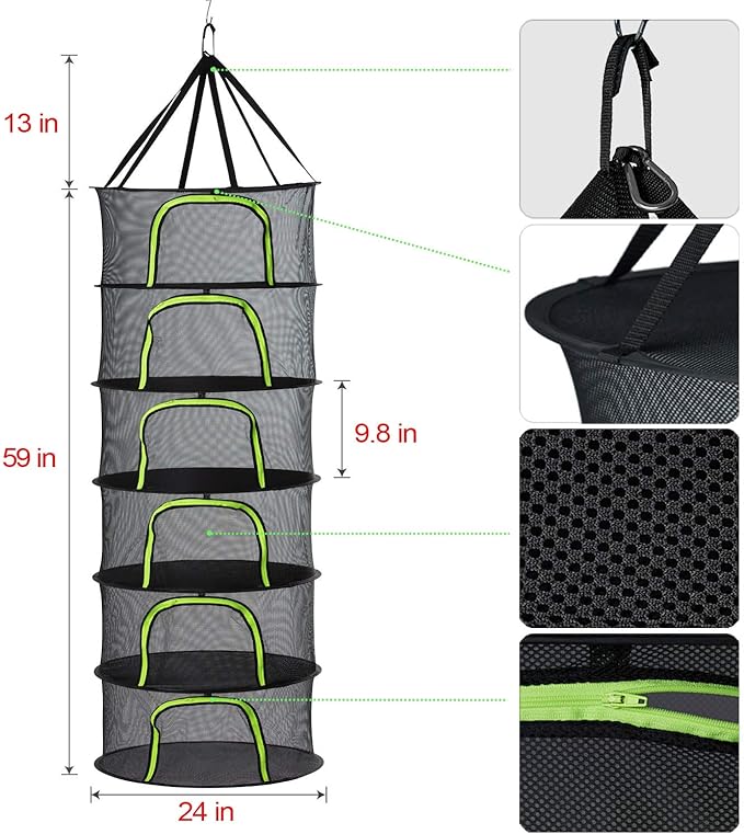 6 Tier Black Mesh Zippered Herb Drying Rack Hanging Dryer Dry Net with Pruning Shear for Hydroponics - Bloomnest