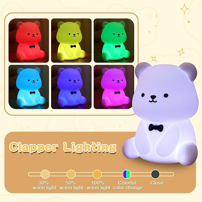 YuanDian Cute Bear Night Light for Kids, Decorate Kids' Bedroom with Silicone Bear Nightlights with 8 Color Lights, Christmas Birthday Gift for Children Toddlers Teens Adults Babies - Bloomnest