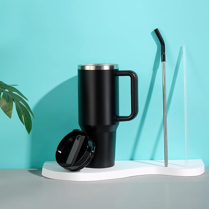 Kook Stainless Steel Tumbler, with Straw and Handle, Leakproof, Vacuum Insulated Travel Coffee Mug, Reusable Double Walled Water Bottle, Keeps Hot or Cold, 40 oz, Black - Bloomnest