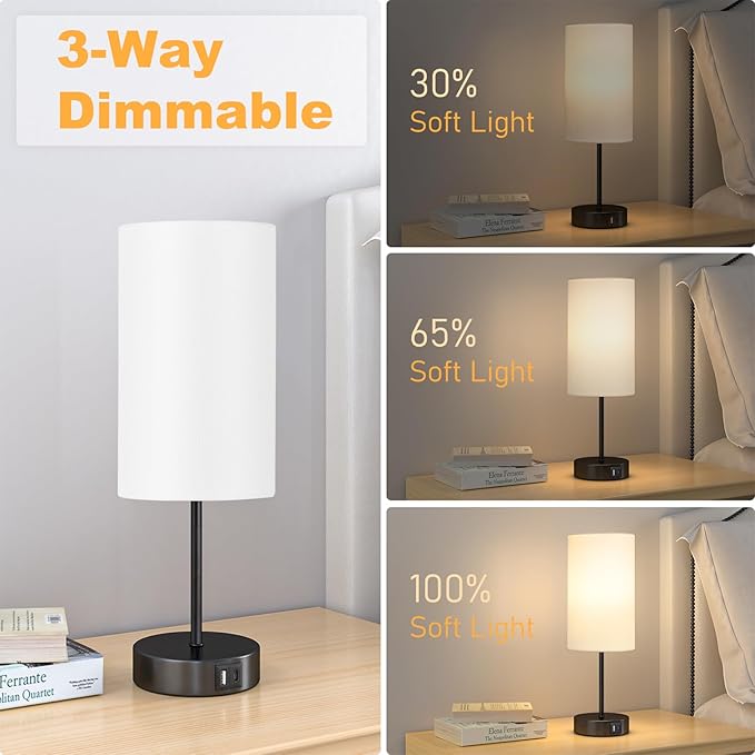 AKASUKI Table Lamp for Bedroom, 3 Way Dimmable Touch Lamp with Dual Charging Station, Small Bedside Lamps for Night Stands, Living Room, Office(LED Bulb Included) - Bloomnest