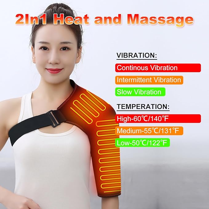 Heated Shoulder Brace with Massager Portable Electric Heating Pad for Shoulder Pain and Upper Arm Muscle Massage Heated Wrap for Shoulder Right - Bloomnest