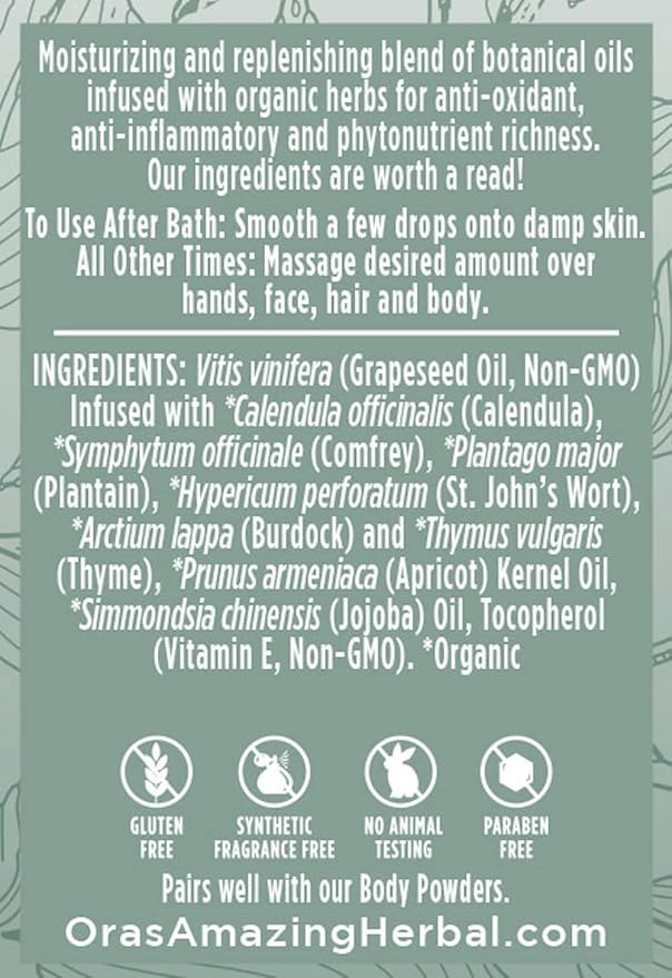 Ora's Amazing Herbal Unscented Body Oil, Fragrance Free Massage Oil with Pump, Moisturizing Body Oils for Men and Women, Herbal Infused Grapeseed Jojoba & Apricot with Calendula, 7.5 Fl Oz