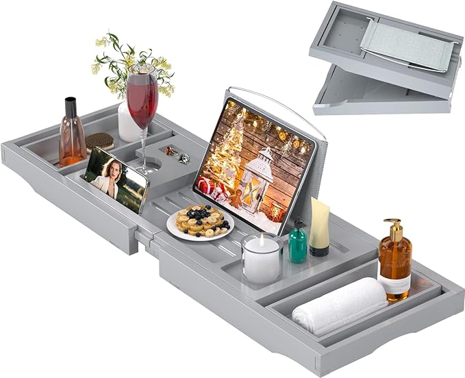 Bathtub Caddy Tray for Tub,Foldable Bath Table Trays,Bamboo Shelf with Book and Wine Glass Holder,Bathroom Accessories Suitable for Luxury Spa or Reading,Gray - Bloomnest