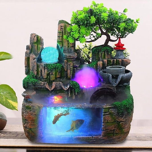 Tabletop Fountain Decorations,Tabletop Fountain Indoor Humidifier with Rockery Mountain Waterfalls,Goldfish,Light,Resin Rockery Crafts Gift Fountain for Home Office Bedroom Desk Ornaments