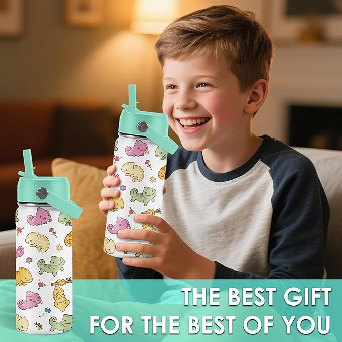 Axolotl Gifts for Girls - 16oz Green Axolotl Water Bottle with Straw Lid, Stainless Steel Insulated Tumbler, Leak Proof, for Boys, Sport, Travel, School - Animal Lovers Children Birthday Gift Cup(1pc) - Bloomnest