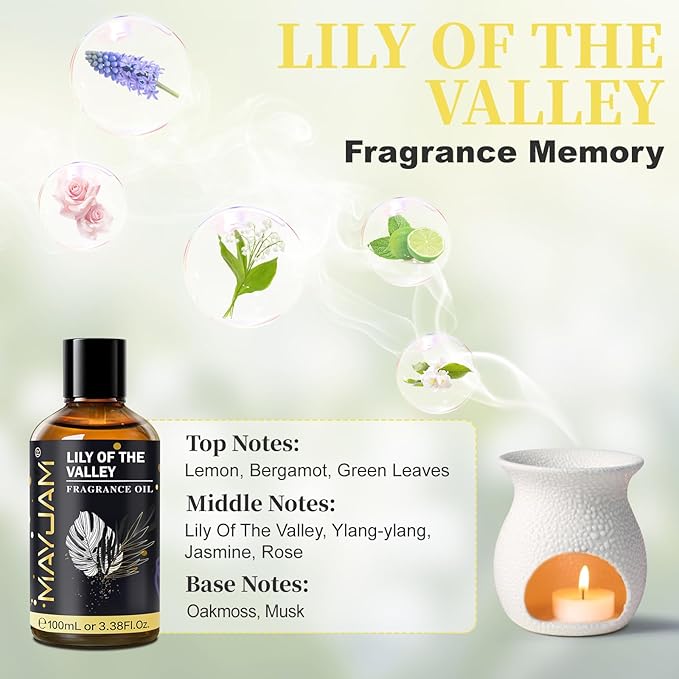 Lily of the Valley Fragrance Oil, MAYJAM 3.38FL.OZ Essential Oils for Diffusers for Home, Long Lasting Scented Oils for Soap Candle Making - 100ML MAYJAM