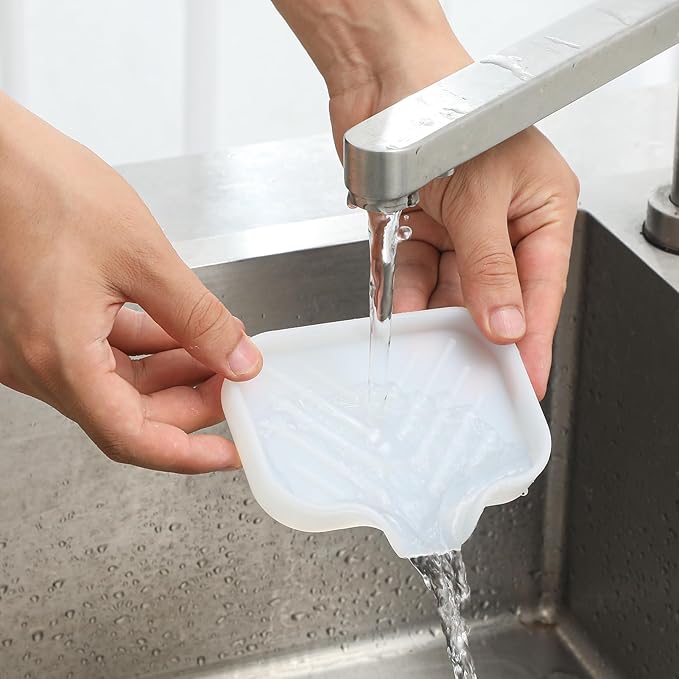 Silicone Bathroom Soap Dishes with Drain Spout-Bathroom and Kitchen Sink Organizer,Sponge Holder,Dish Soap Tray,Perfect for Dispenser,Scrubber,Bottle,Cup on Counter Translucent 4.9"×3.2" - Bloomnest
