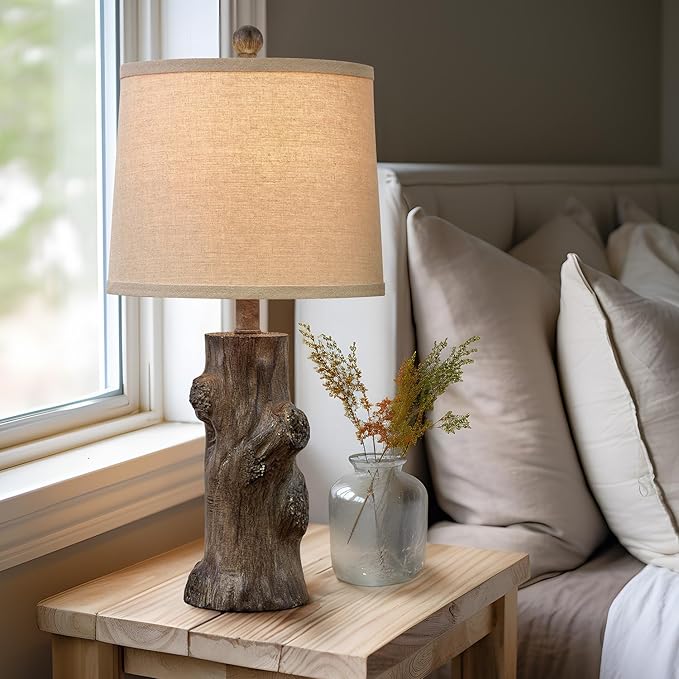 OYEARS 23"Resin Table Lamps for Living Room Set of 2 Country Cottage Farmhouse Lamp for Bedroom Tree Trunk Wood Grain with Oatmeal Fabric Round Shade Vintage Rustic Traditional Nightstand Bedside Lamp - Bloomnest
