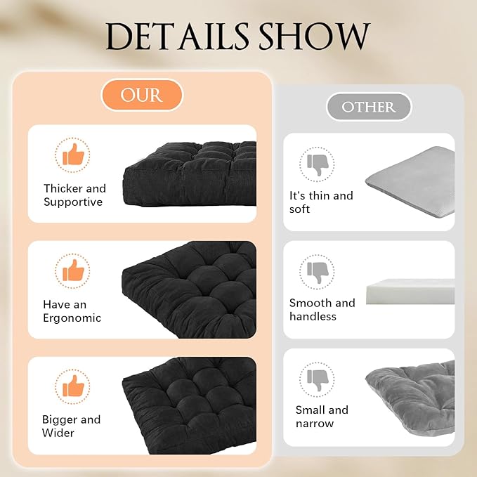 Meditation Floor Cushions Set of 2, Thickened Floor Pillow for Adults, Large Square Pillows Seat Cushion for Tatami Living Room Yoga, Memory Sponge Block Added, 22x22 Inch, Black