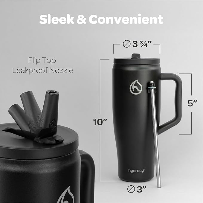 Hydracy 40 oz Tumbler with Handle and Straw, Stainless Steel Insulated Travel Cup with No Spill Rotatable Flip Lid for Left or Right Hand Use, Rubber Base, Fits in Cup Holder - Sexy Black - Bloomnest