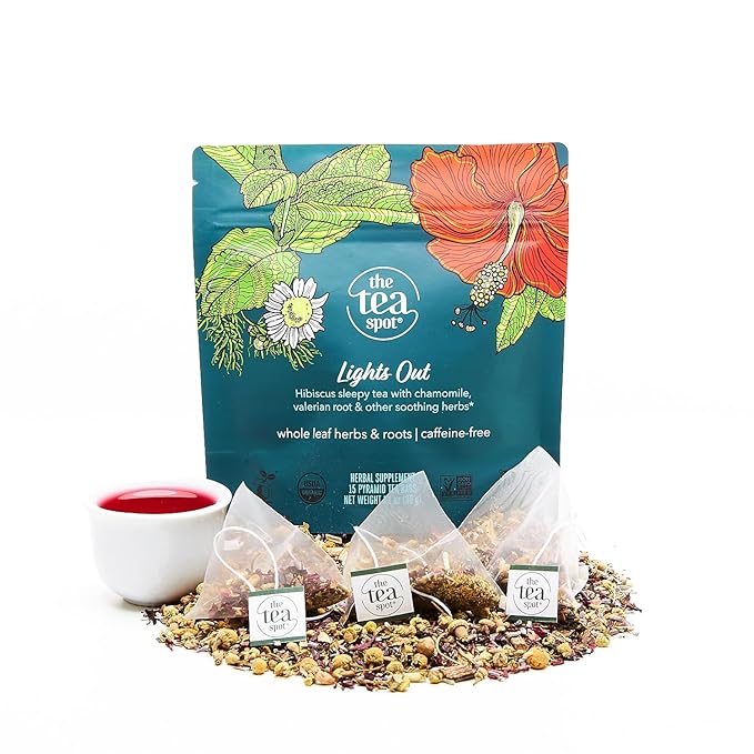 The Tea Spot Organic Lights Out Tea with Valerian Root Relaxation | Blend of Hibiscus, Peppermint, Chamomile, Lavender, Licorice Root & Valerian Root | Caffeine-Free 15 Tea Bags, Pack of 1 - Bloomnest