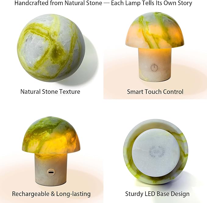 Arctic Green Gemstone Mushroom Lamp - Natural Luxury Stone Night Light with LED, Touch Control 3 Brightness, USB Rechargeable Bedside Decor Gift - Bloomnest