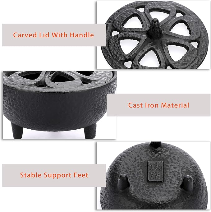 JUXYES Vintage Tripod Incense Burner Holder with Lid, Cast Iron Incense Holder Metal Cauldron Censer Antique Cone Coil Incense Burner Holder for Incense Resins, Charcoal, Cones or Wax Melts - Bloomnest
