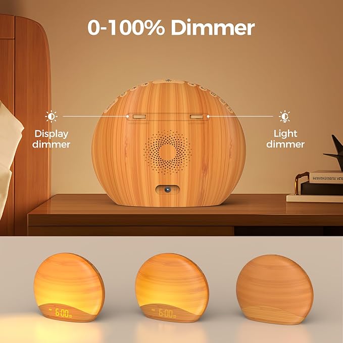 REACHER Natural Wood Grain Sound Machine Sunrise Alarm Clock，26 Nature Inspired Sleeping Sounds, 0-100% Dimmable Clock, Night Light,Brown/Pink/White Noise Sound Machine for Babys, Kids, Adults - Bloomnest