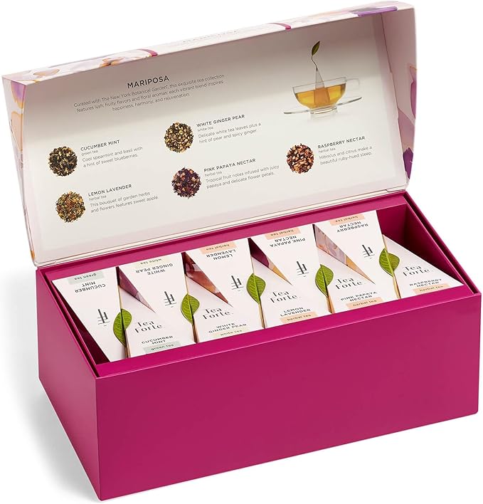 Tea Forte Mariposa Presentation Box Tea Gift Sampler, 20 Count, 2 of Each Variety Individually Wrapped Handcrafted Pyramid Infuser Bags - Bloomnest