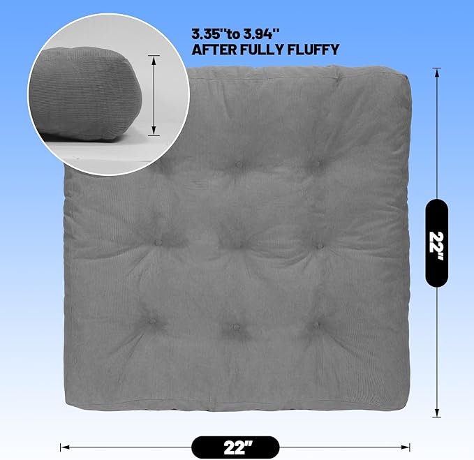 Meditation Floor Pillow Set of 2, Square Large Pillows Seating for Adults, Tufted Corduroy Cushion for Tatami Living Room, 22x22 Inch FP-Grey