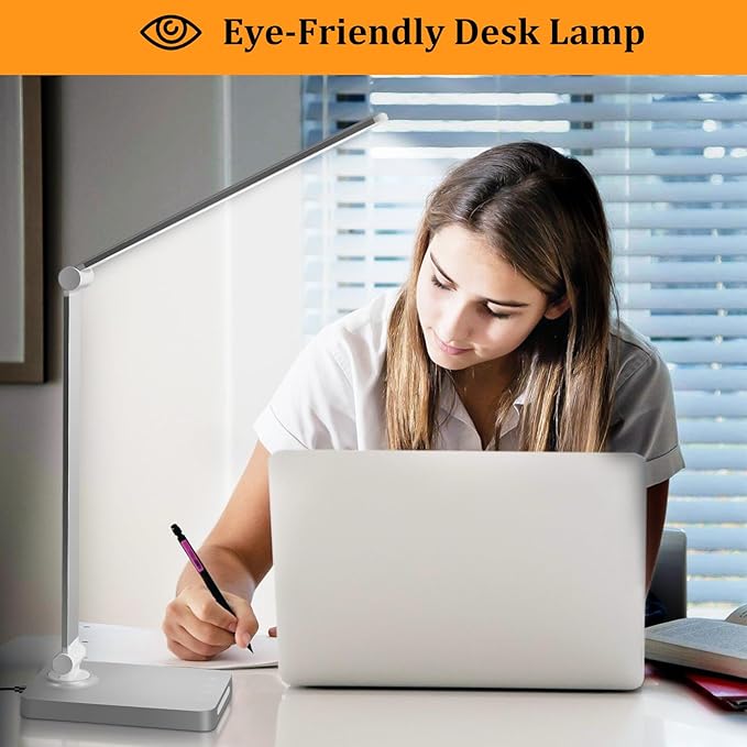 Dott Arts LED Desk Lamp with USB Ports,Touch Desk Lamps for Home Office with 5 Color Modes,3 Brightness Desk Light with Small Night Light,Reading Lamp Table LED Lamp for Bedroom Bedsid Study Sliver - Bloomnest