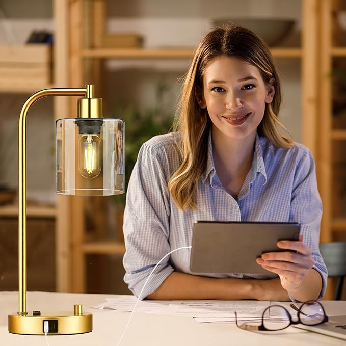 Set of 2 Industrial Table Lamps with USB Port, Gold Fully Stepless Dimmable Bedside Lamps for bedrooms, Nightstand Desk Lamp with Clear Glass Shade for Reading Living Room Office 2 LED Bulb - Bloomnest