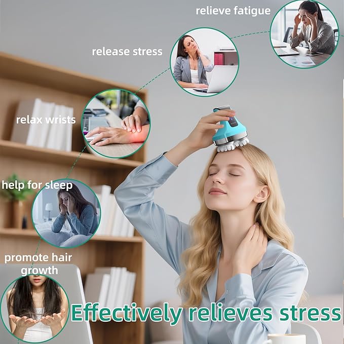 Electric Head Massager, Cordless Portable Body Massage for Deep Relaxation,108 Kneading Nodes Soft Silicone Massage Claws, Waterproof Scalp Cleaning, 4 Modes, Gift for Men Women, Blue TJXVX
