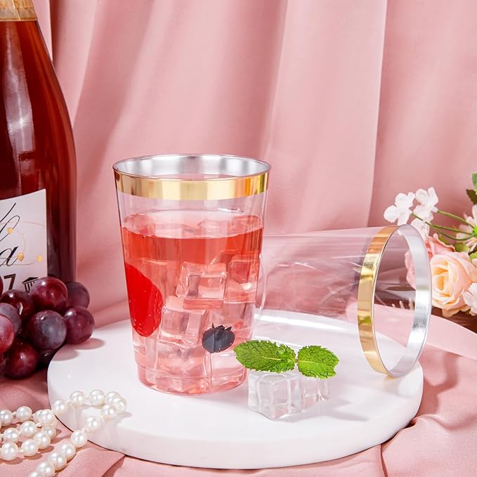 I00000 50 Pack 12 oz Gold Plastic Cups, Gold Rimmed Disposable Cups, Disposable Plastic Wine Glasses Cocktail Glasses Heavy Duty Cup with Golden Rim, 12 Ounce Tumblers for Party & Wedding - Bloomnest