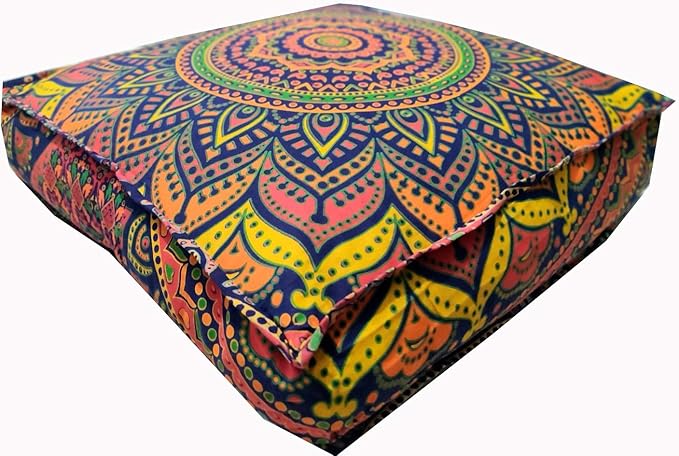 New Blue Ombre Mandala Barmeri Large Floor Pillow Cover Cushion Meditation Seating Ottoman Throw Cover Hippie Decorative Zipped Bohemian Pouf Ottoman Pom Pom Cases 24" Square - Bloomnest