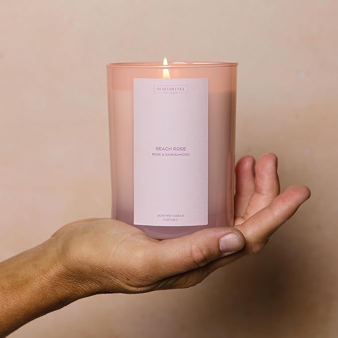 Rose & Sandalwood Scented Candle | 11oz, 60 Hour Burn | Natural Soy Wax, Cotton Wick | Fall & Holiday Candles | Christmas Scented Candles for Home | Benevolence LA Sun-Kissed Collection - Beach Rose - Bloomnest