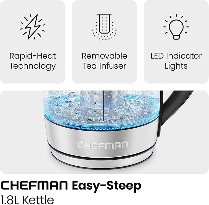 Chefman Electric Kettle for Boiling Water, 1.8L 1500W, Removable Tea Infuser, Auto Shut Off, Boil-Dry Protection, BPA Free, Borosilicate Glass, Hot Water Boiler, Electric Tea Kettle - Stainless Steel - Bloomnest