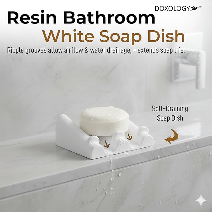 DOXOLOGY White Marble Soap Dish Bathroom Organizer - Resin Soap Dish with Rectangular Design 3.7" L x 2.8" W - Self Draining Soap Dishes Keeps Countertop Neat - Marble Look Soap Tray for Sink - Bloomnest