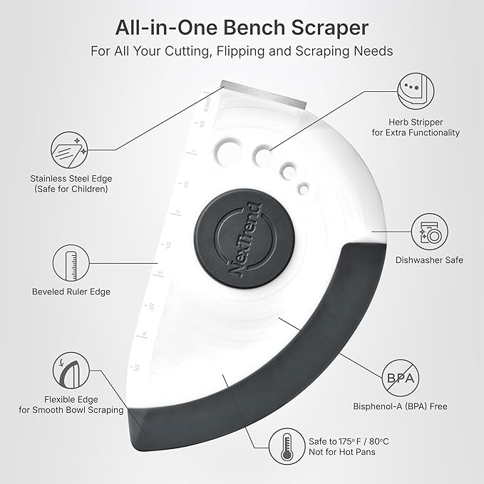 Nextrend BakerScraper – 5-in-1 Flexible Bowl Scraper, Bench Scraper and Dough Scraper with Stainless Steel Edge, Ruler & Herb Stripper – BPA Free, Dishwasher Safe - Gray - Bloomnest