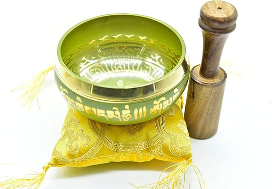3.75" Tibetan Meditation Yoga Singing Bowl Yellow Set with free Wooden Mallet and Silk Cushion from Nepal, Singing bowls. - Bloomnest