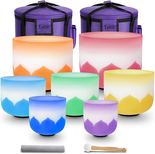 Leize 6-12 inch Lotus Design Colored Rim Chakra Tuned 432hz Set of 7 Quartz Crystal Singing Bowls with Heavy Duty Carrying Cases and Singing Bowl Mallet Suede Strikers