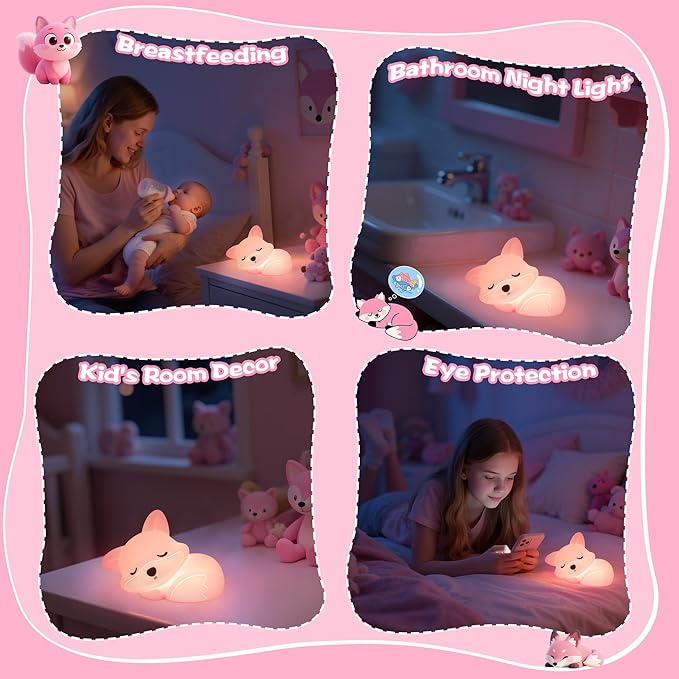YuanDian Fox Night Light for Girls, Squishy Fox Silicone Lamp Novelty Gifts, Rechargeable Dimmable Timer Bedside Touch Nightlight for Breastfeeding Toddler Baby Kids - Bloomnest