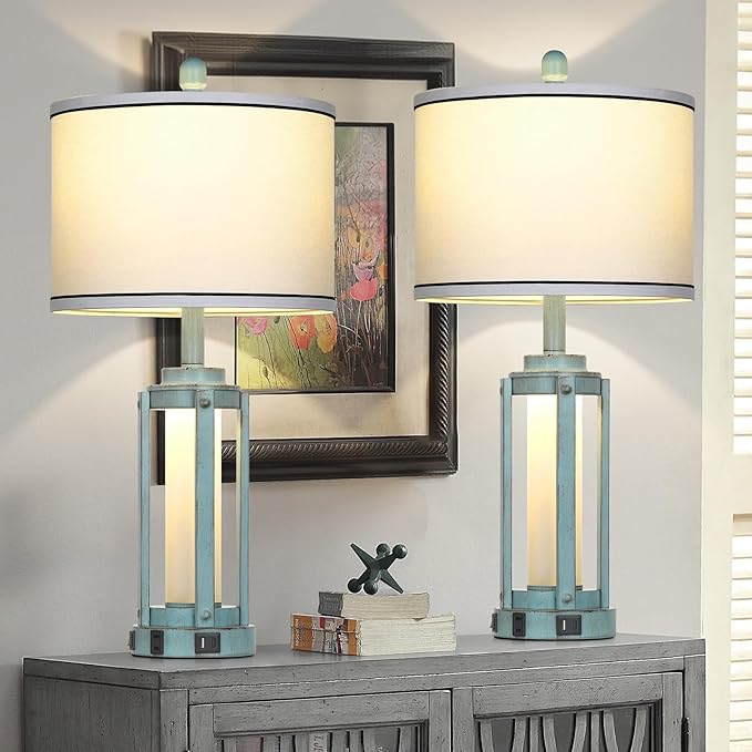 Farmhouse Lamps Set of 2, 26" Vintage Rustic Industrial Beside Lamps with USB A+C Charging Ports & AC Outlet, Nightstand Metal Lamp with LED Night Light & Fabric Shade for Living Room Bedrooms Blue - Bloomnest