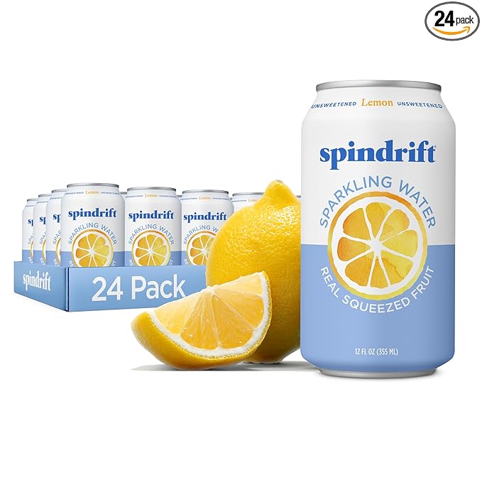 Spindrift Sparkling Water, Lemon Flavored, Made with Real Squeezed Fruit, 12 Fl Oz Cans, Pack of 24 (Only 3 Calories per Can) - Bloomnest