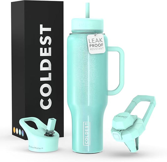 Coldest Tumbler with Handle and Straw, 100% Spill Proof Tumbler with Straw (3 Lids), Stainless Steel Insulated Leakproof Tumblers for Women Men, Cup Holder Friendly, 46 oz (Astronaut Green Glitter) - Bloomnest