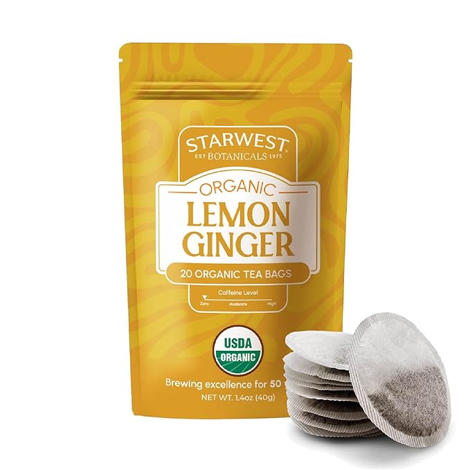 Starwest Botanicals Organic Lemon Ginger Tea - Caffeine Free Herbal Blend for Women & Men, Lemongrass, Ginger Root, & Peppermint Leaf, String Free Sachets, Non GMO - 20 Tea Bags - Bloomnest