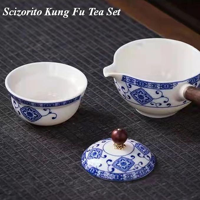 Ceramic Portable Travel Tea Set, Chinese Kungfu Tea Set with 360 Rotation Teapot and Infuser, 4 Tea Cups, Tea Tray And Travel Bag (Pattern White)