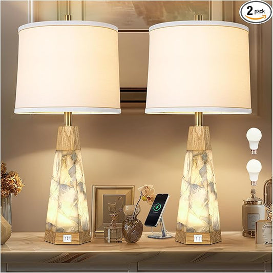 27" Natural Alabaster And Real Wood Table Lamp Set of 2 With Night Light Nightstand Lamps With USB Ports White Linen Fabric Shade Bedside Lamp Decor For Living Room Bedroom Home Office Hotel Bar House - Bloomnest
