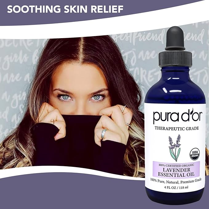 PURA D'OR Organic Lavender Essential Oil (4oz with Glass Dropper) 100% Pure & Natural Therapeutic Grade for Hair, Body, Skin, Aromatherapy Diffuser, Relaxation, Meditation, Massage, Home, DIY Soap - Bloomnest